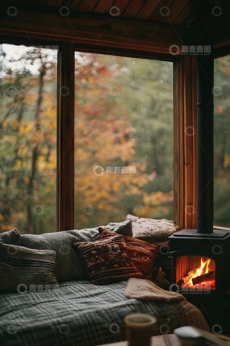 高清大图下载【趣麦麦图】秋日林间小屋，壁炉旁的温馨一角