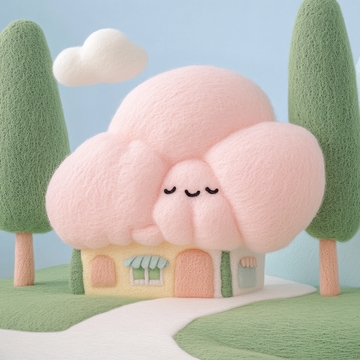 粉色云朵屋顶的小屋