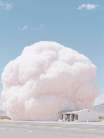 粉色云朵笼罩的现代建筑