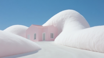 粉色小屋与柔软云朵的梦幻场景