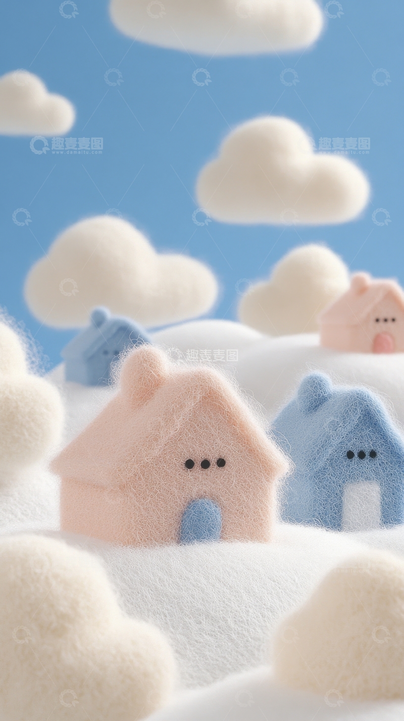 高清大图下载【趣麦麦图】云中彩色小屋的梦幻场景