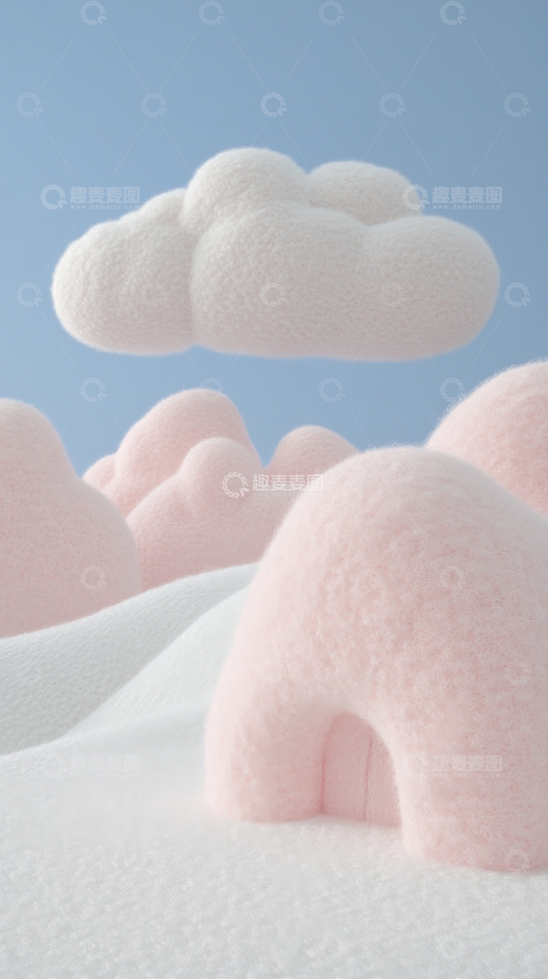 高清大图下载【趣麦麦图】粉色云朵与柔软山丘的梦幻场景