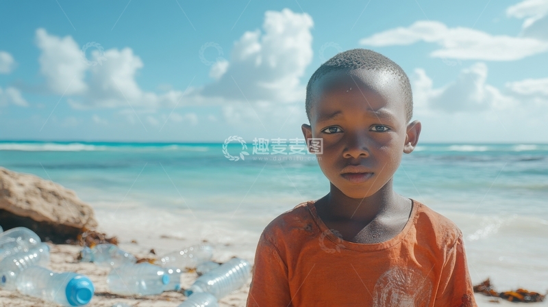 高清大图下载【趣麦麦图】海滩上的小男孩与塑料瓶