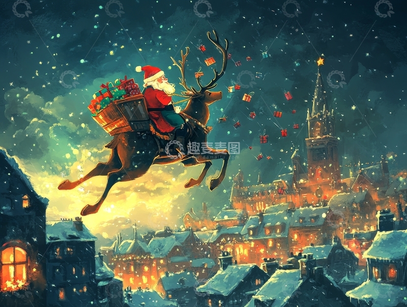 高清大图下载【趣麦麦图】圣诞老人乘驯鹿夜空送礼
