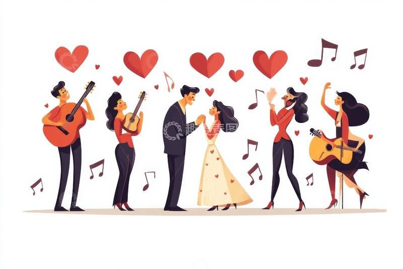 高清大图下载【趣麦麦图】-浪漫音乐场景：情侣共舞与吉他演奏