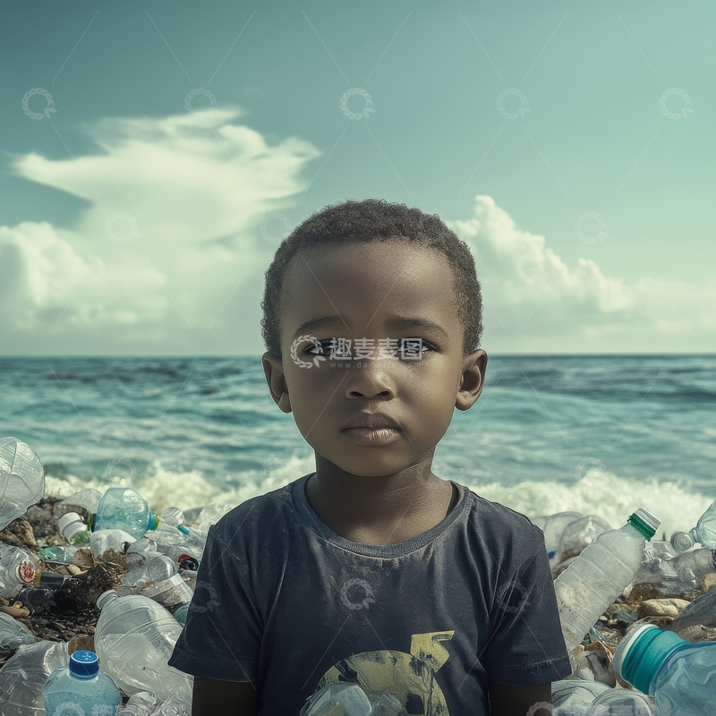 高清大图下载【趣麦麦图】海边垃圾中的小男孩
