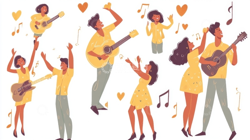 高清大图下载【趣麦麦图】音乐派对：欢乐人群弹唱舞蹈