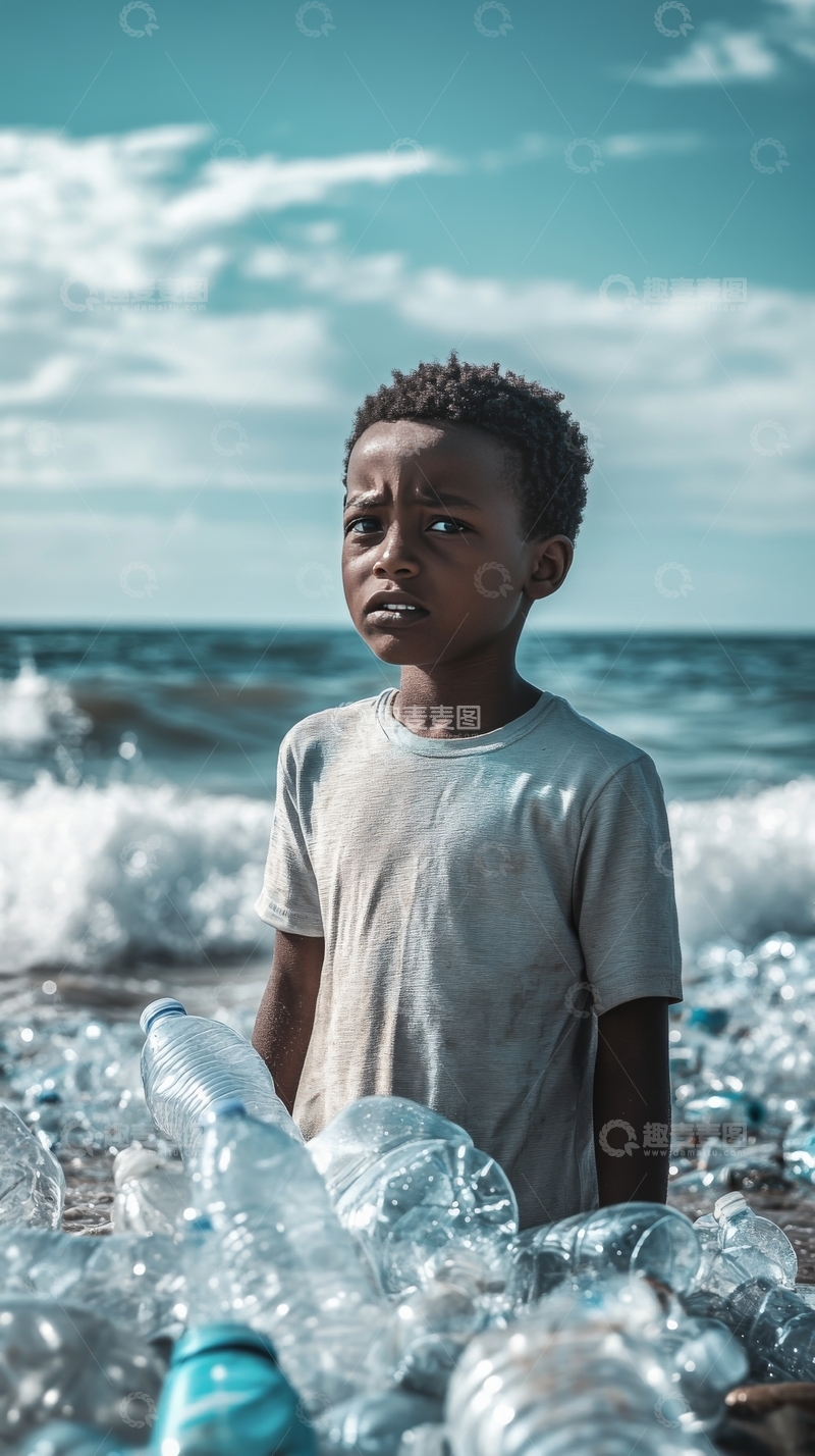 高清大图下载【趣麦麦图】海边男孩与塑料瓶