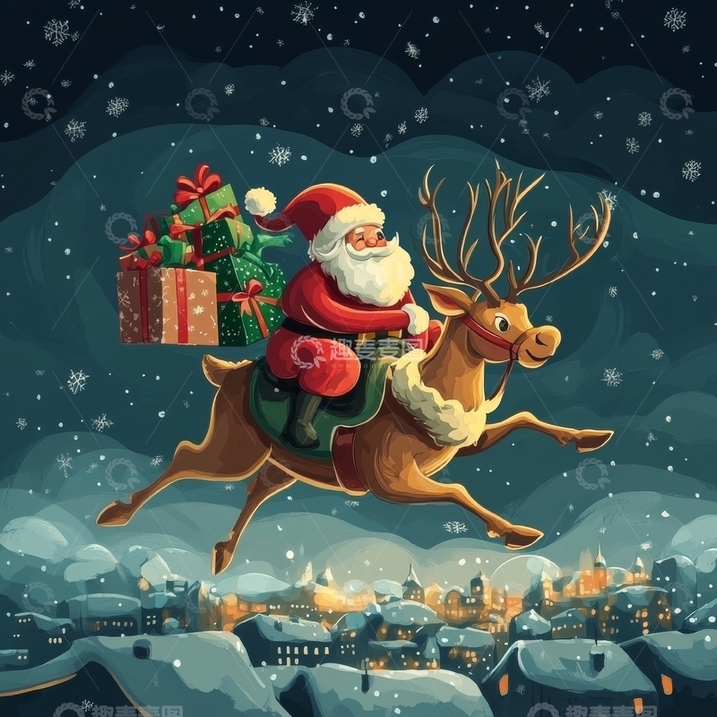 高清大图下载【趣麦麦图】圣诞老人乘驯鹿夜空飞行