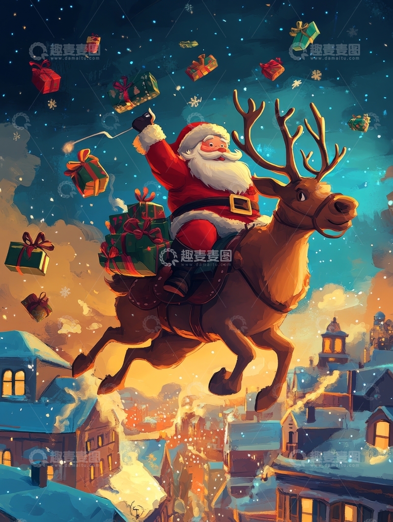 高清大图下载【趣麦麦图】圣诞老人骑驯鹿夜空送礼