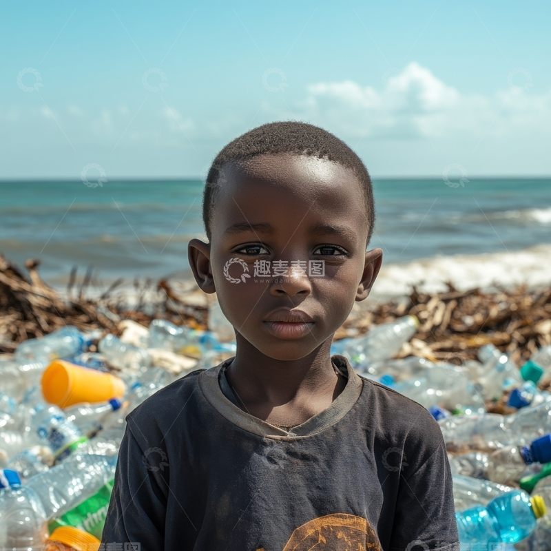 高清大图下载【趣麦麦图】海边垃圾堆中的小男孩