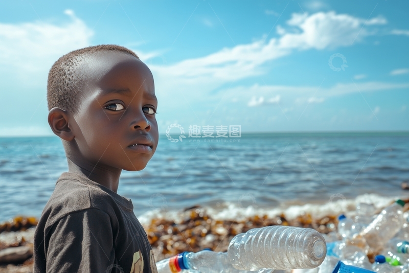 高清大图下载【趣麦麦图】海边男孩与塑料瓶