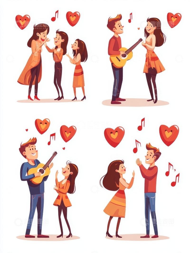 高清大图下载【趣麦麦图】情侣互动场景插画