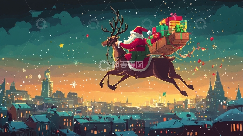 高清大图下载【趣麦麦图】圣诞老人乘驯鹿飞翔夜空