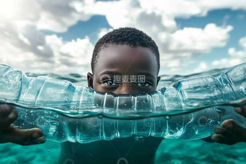 高清大图下载【趣麦麦图】水中男孩手持塑料瓶