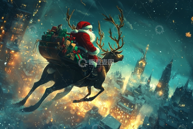 高清大图下载【趣麦麦图】圣诞老人驾驯鹿夜空飞行送礼物