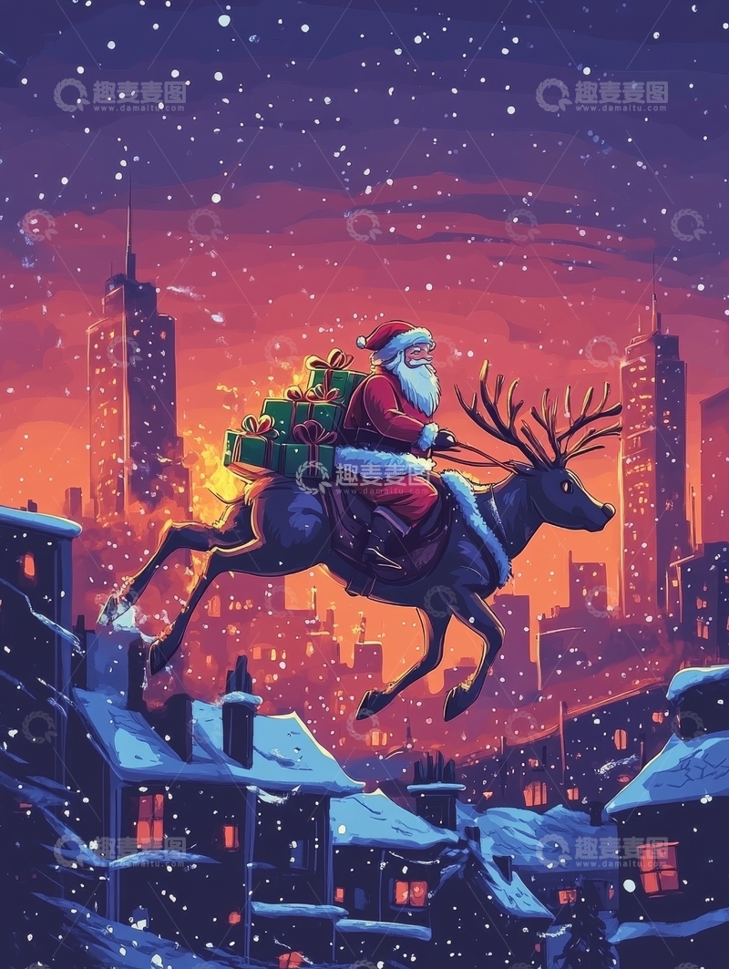 高清大图下载【趣麦麦图】圣诞老人乘驯鹿飞越城市夜景