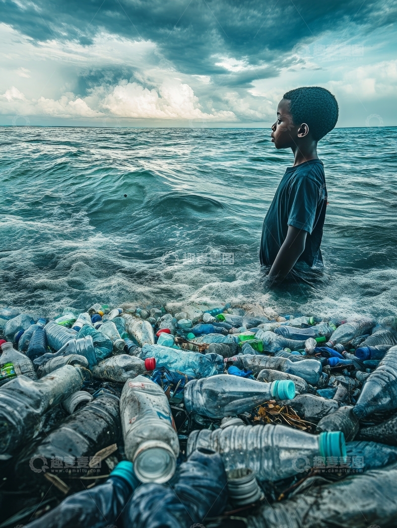 高清大图下载【趣麦麦图】海边男孩凝视漂浮的塑料瓶