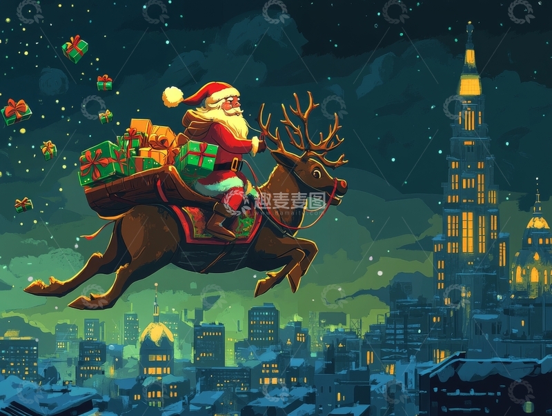 高清大图下载【趣麦麦图】圣诞老人夜空驾驯鹿送礼