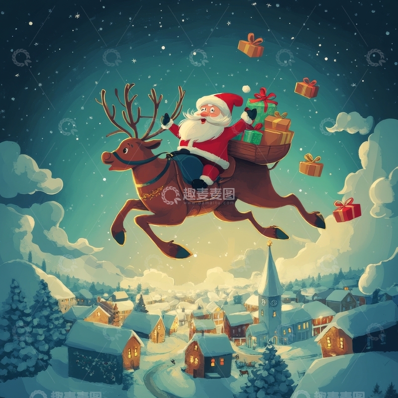 高清大图下载【趣麦麦图】圣诞老人乘驯鹿飞翔夜空