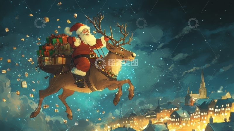 高清大图下载【趣麦麦图】圣诞老人乘驯鹿夜空飞行