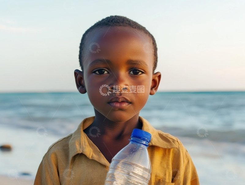 高清大图下载【趣麦麦图】海边手持水瓶的男孩