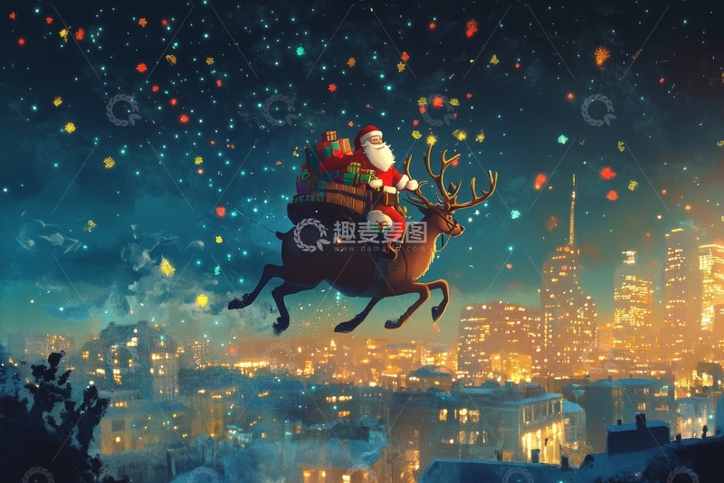 高清大图下载【趣麦麦图】圣诞老人乘驯鹿飞越夜空城市
