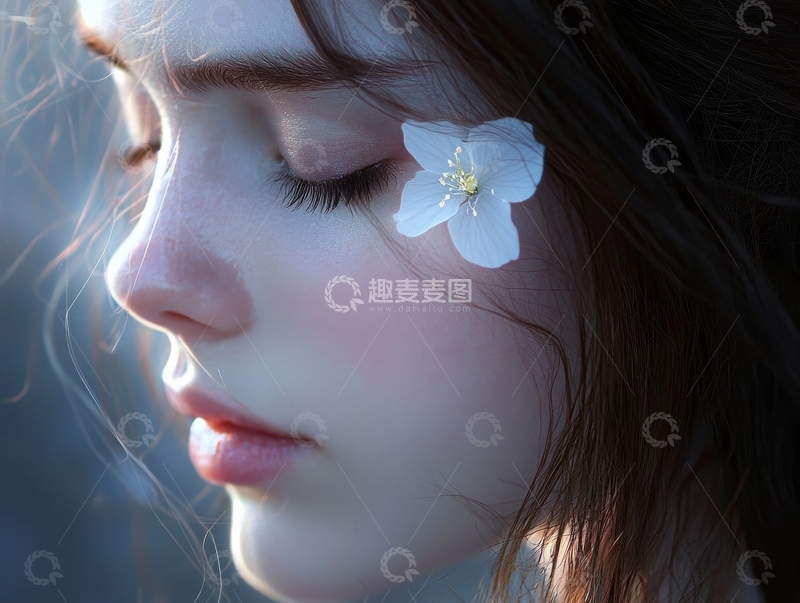 闭眼女子面颊旁的白色花朵