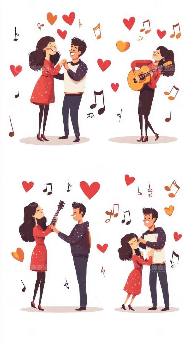高清大图下载【趣麦麦图】浪漫情侣互动场景插画