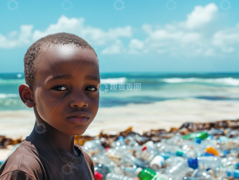 高清大图下载【趣麦麦图】海边男孩与塑料垃圾