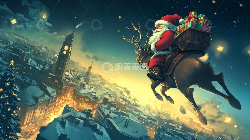 高清大图下载【趣麦麦图】圣诞老人乘驯鹿飞翔夜空