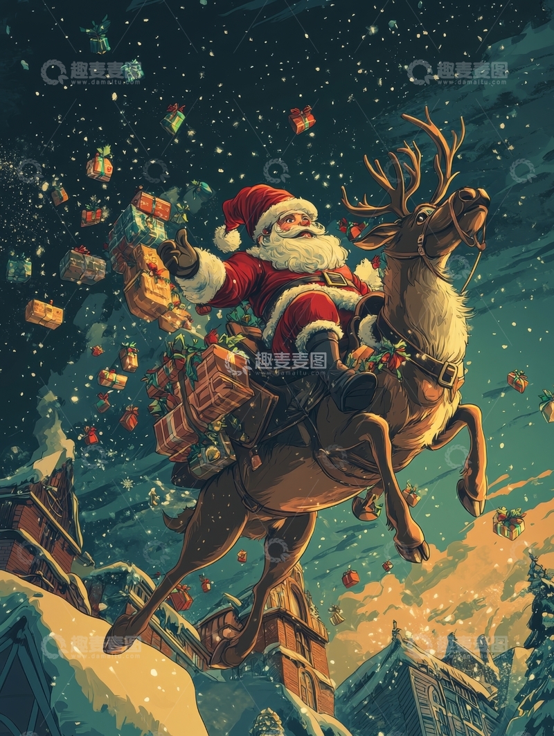 高清大图下载【趣麦麦图】圣诞老人骑驯鹿夜空撒礼物