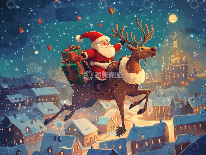 高清大图下载【趣麦麦图】圣诞老人乘驯鹿夜空送礼