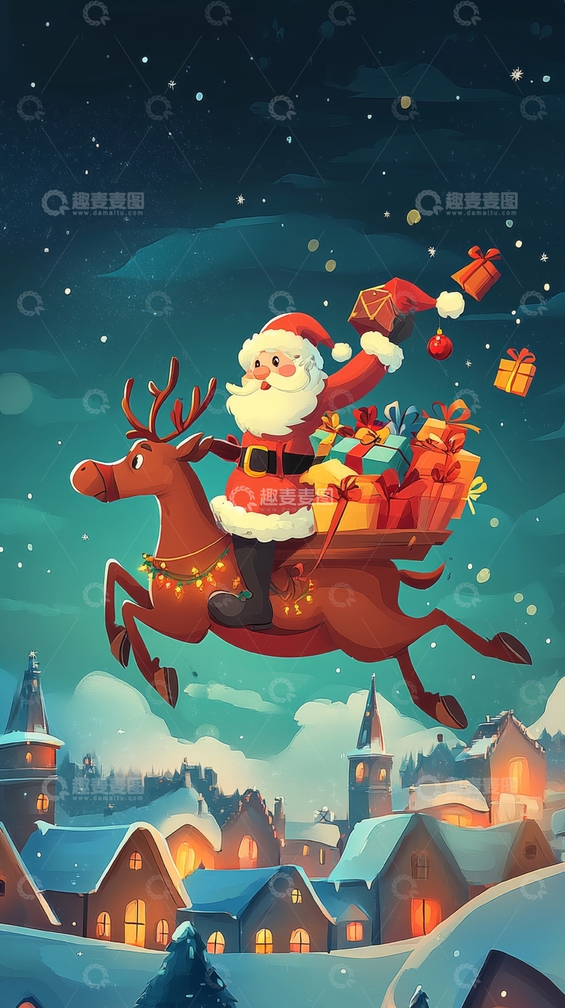高清大图下载【趣麦麦图】圣诞老人驾驯鹿送礼夜空飞翔
