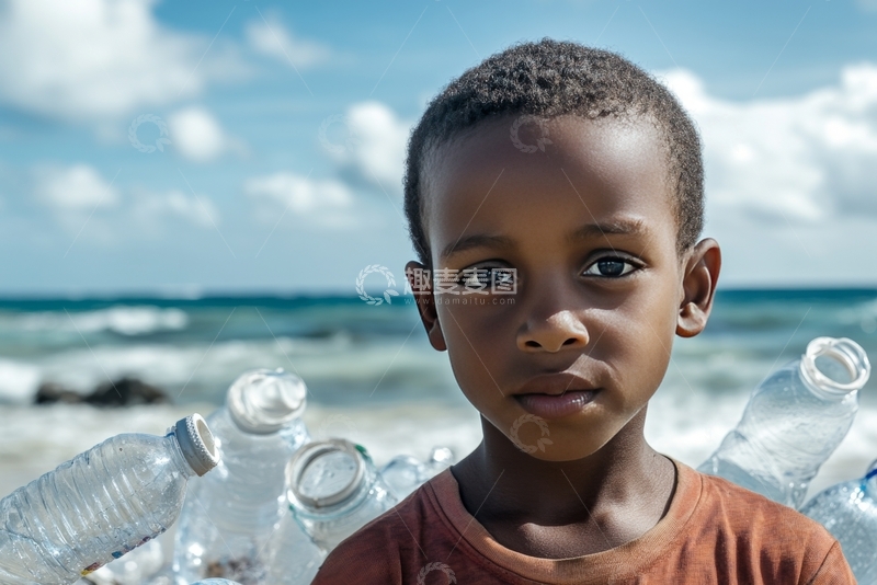 高清大图下载【趣麦麦图】海边男孩手捧塑料瓶