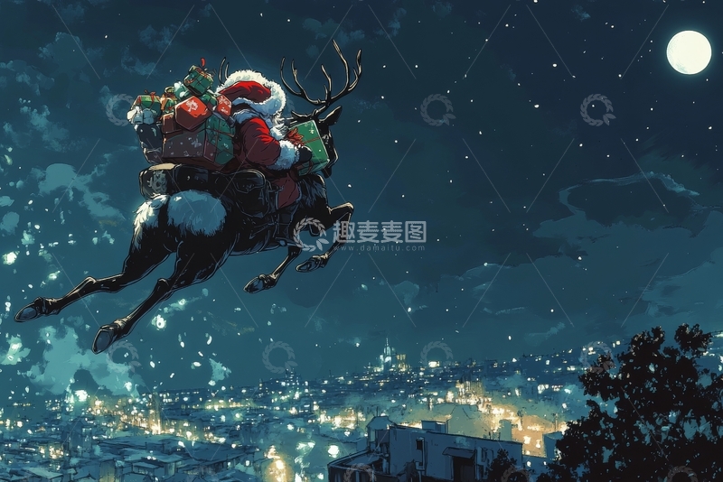 高清大图下载【趣麦麦图】圣诞老人乘驯鹿夜空飞行