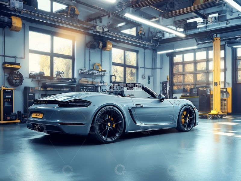 高清大图下载【趣麦麦图】银色跑车在现代化车间内展示