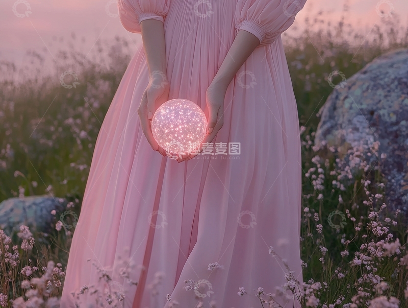 高清大图下载【趣麦麦图】粉裙女子手捧发光球，置身花海