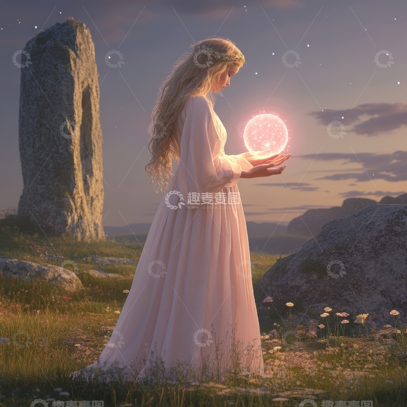 高清大图下载【趣麦麦图】女子手捧发光球体，置身自然景观中