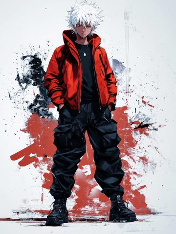 红衣白发人物站立艺术插画