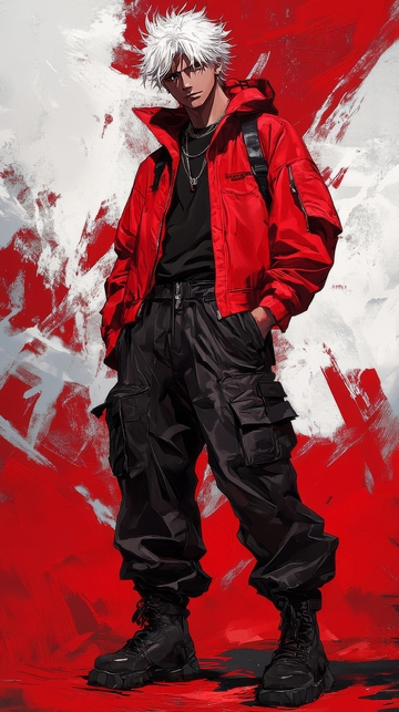 红衣人物站立于抽象背景前