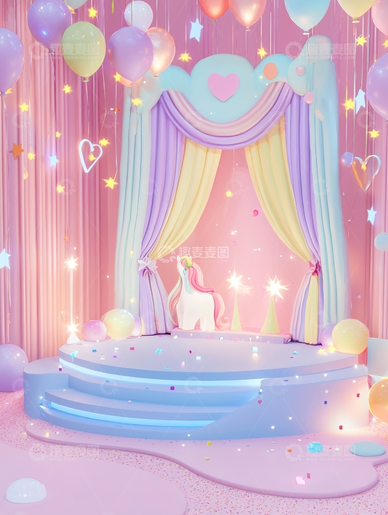 高清大图下载【趣麦麦图】梦幻舞台装饰，独角兽与气球点缀