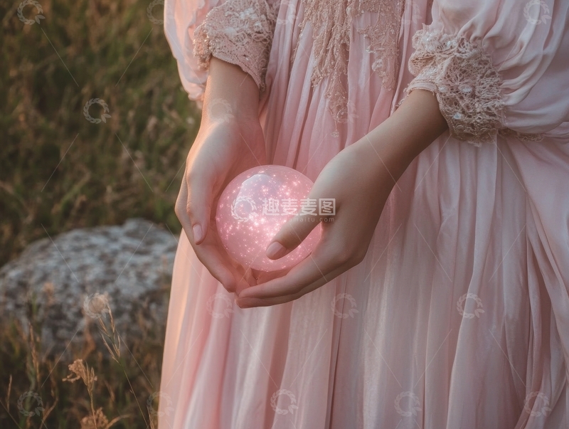 高清大图下载【趣麦麦图】粉裙女子手捧发光球
