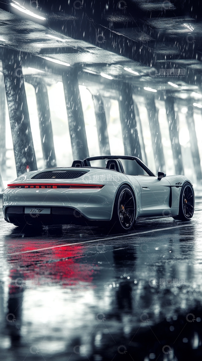高清大图下载【趣麦麦图】雨中银色跑车停在现代建筑下