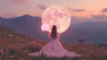 女子手捧明月，山海间梦幻景象