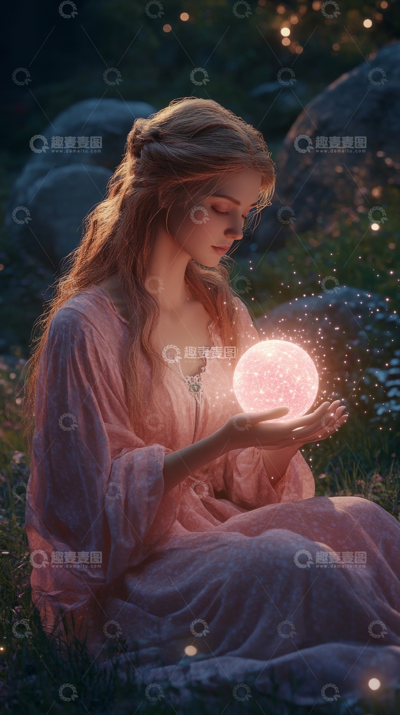 高清大图下载【趣麦麦图】女子手捧发光球，置身梦幻森林