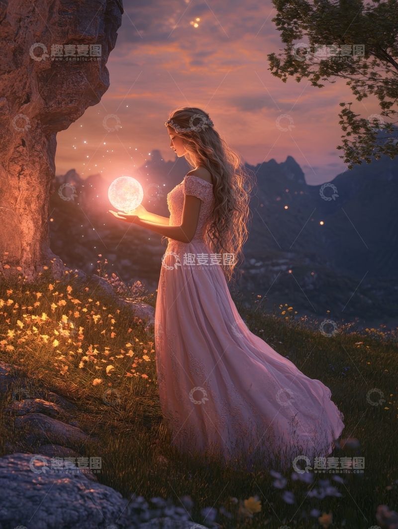 高清大图下载【趣麦麦图】女子手持光球，置身梦幻山谷