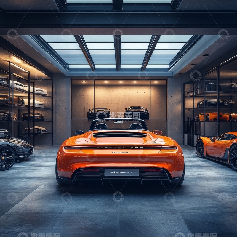 高清大图下载【趣麦麦图】橙色跑车在现代化车库中展示