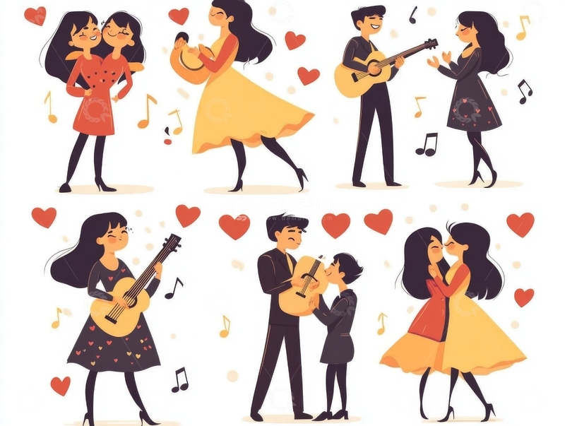 高清大图下载【趣麦麦图】情侣音乐互动场景插画