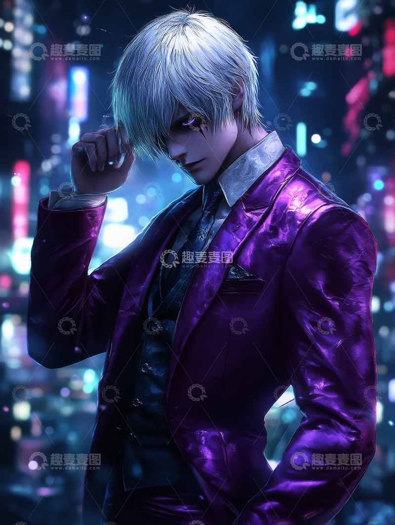 高清大图下载【趣麦麦图】夜景中身穿紫色西装的银发男子